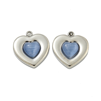 304 Stainless Steel Charms, with Cat Eye, Heart, Blue, 14x13x3.5mm, Hole: 1.4mm