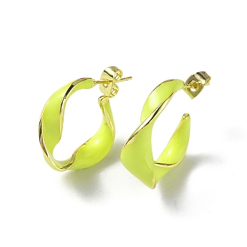 Enamel Twist Stud Earrings, Real 18K Gold Plated Brass Half Hoop Earrings for Women, Green Yellow, 25x21x9mm, Pin: 0.8mm