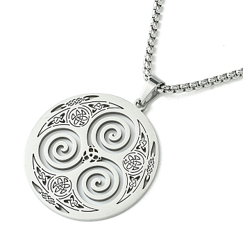 Titanium Steel Pendant Necklaces, Box Chain, Flat Round with Triskele Triskelion, Stainless Steel Color, 23.31 inch(59.2cm)