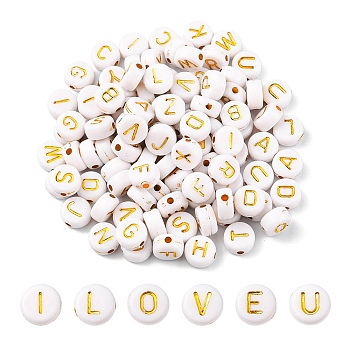 Plating Acrylic Beads, Metal Enlaced, Mixed Letters, Flat Round, White, 7x4mm, Hole: 1.8mm