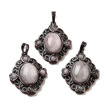 Natural Rose Quartz Rhombus Pendants, Red Copper Tone Brass Charms, 34x27x8mm, Hole: 8x5mm