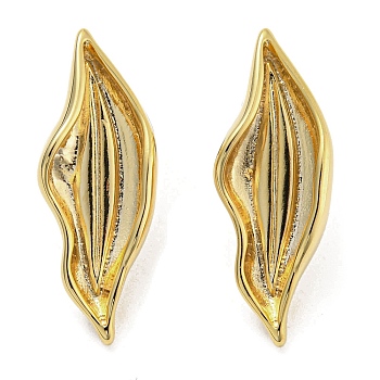 Brass Stud Earrings, Leaf, Golden, 34x13mm