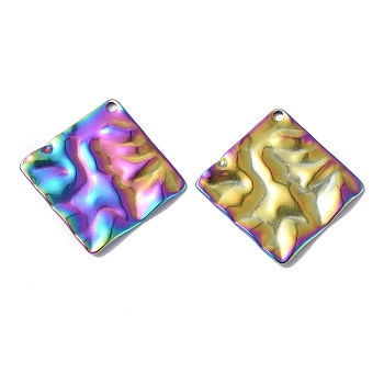 Ion Plating(IP) 304 Stainless Steel Pendants, Textured, Rhombus Charm, Rainbow Color, 33x33x2mm, Hole: 1.8mm
