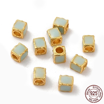 Matte Gold Color 925 Sterling Silver Beads, with Enamel, Square, Aqua, 3x2.5x2.5mm, Hole: 1.4mm