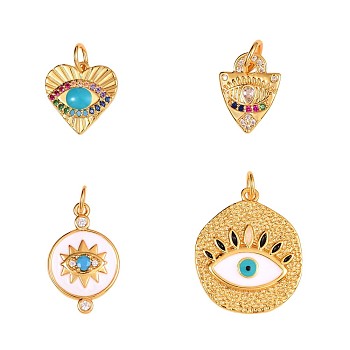 4Pcs Flat Round Brass Eye Charm Pendant Mixed Shape Eye Charm Zircon Eye Charms Pendant for Jewelry Making, Golden, 23x13mm