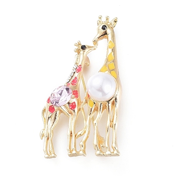 Golden Plated Alloy Brooches, with Rhinestone, Glass Pearl and Enamel, Giraffe, Colorful, 49.5x27.5x16.5mm, Pin: 0.8mm