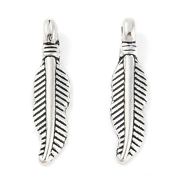 Tibetan Style Alloy Pendants, Feather, Cadmium Free & Nickel Free & Lead Free, Antique Silver, 4x2mm, Hole: 1.5mm