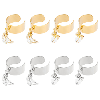 8Pcs 4 Style 304 Stainless Steel Open Cuff Rings Set, with Hollow Moon & Star Charms, Golden & Stainless Steel Color, Inner Diameter: 17~18mm, 2Pcs/style