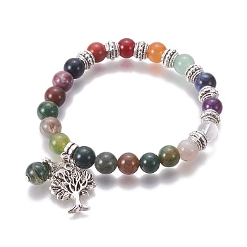 Chakra Jewelry, Natural Indian Agate Bracelets, with Metal Tree Pendants, 50mm