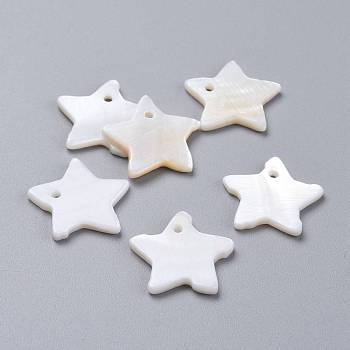 Natural White Shell Mother of Pearl Shell Pendants, Star, 18~19.5x18~19.5x2mm, Hole: 1.5mm