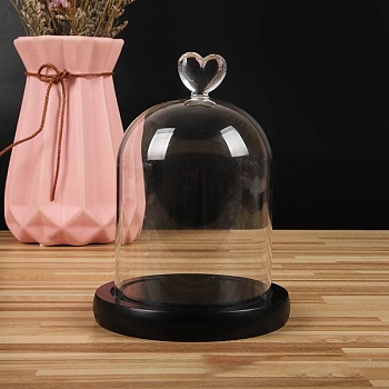 Heart Shaped Top Clear Glass Dome Cover, Decorative Display Case, Cloche Bell Jar Terrarium with Wood Base, Black, 90x140mm