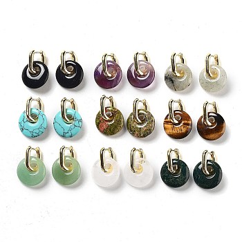 Rack Plating Brass Hoop Earrings, with Natural & Synthetic Mixed Gemstone, Long-Lasting Plated, Cadmium Free & Lead Free, Donut/Pi Disc, 27mm