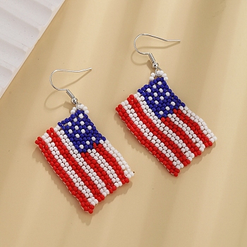 Colorful Glass Beaded Dangle Earrings for Independence Day, Flag, 58x40mm