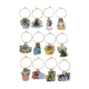 12Pcs 12 Styles Plant Cat Alloy Enamel Wine Glass Charms, with Brass Hoop Earring Findings, Mixed Color, 53.5~57.5mm, Inner Diameter: 23.5mm, 1pcs/style