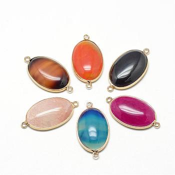 Natural Agate Links connectors, with Brass Findings, Dyed, Oval, Mixed Color, 39x21x7~8mm, Hole: 2mm