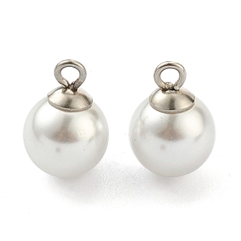 304 Stainless Steel Charms, with White Plastic Imitation Pearl Beads, Stainless Steel Color, 11x8mm, Hole: 1.5mm