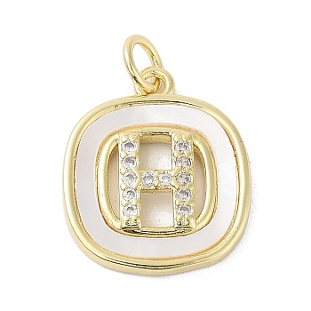 Rack Plating Brass Micro Pave Clear Cubic Zirconia Pendants, with Shell, Cadmium Free & Lead Free, Long-Lasting Plated, Real 18K Gold Plated, with Jump Ring, Letter H, 17.5x15x2.5mm, Hole: 3mm