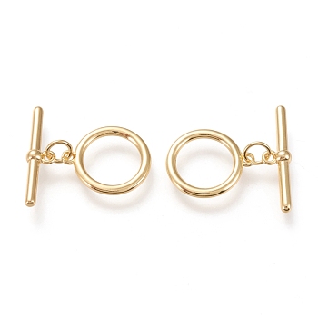 Brass Toggle Clasps, Long-Lasting Plated, Ring & Bar, Real 18K Gold Plated, Ring: 16.5x14x1.5mm, Hole: 1.2mm, Bar: 21.5x5.5x3mm, Hole: 1.2mm