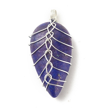 Natural Lapis Lazuli Pendants, with Silver Tone Eco-Friendly Copper Wire Wrapped, Teardrop, 32~33x15~17.5x8~9mm, Hole: 3.2~3.4mm