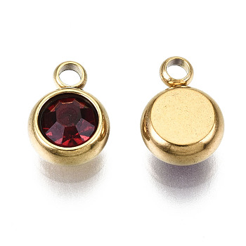 Vacuum Plating 201 Stainless Steel Rhinestone Charms, Birthstone Charms, Flat Round, Real 18K Gold Plated, Garnet, 8.5x6x3mm, Hole: 1.5mm