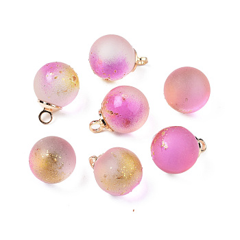 Two Tone Transparent Spray Painted Glass Pendants, with Light Gold Plated Brass Loop, Frosted, with Glitter Powder, Round, Orchid, 14x10mm, Hole: 2mm