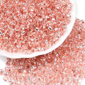 6/0 Baking Paint Transparent Glass Seed Beads, Silver Lined, Teardrop, Dark Salmon, 4~5x4~4.5x3~4mm, Hole: 1~1.2mm, about 4500pcs/pound