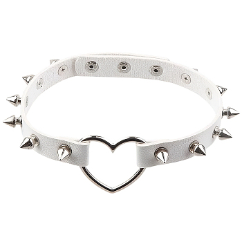 Adjustable Adjustable Gothic PU Leather Alloy Spike Rivet Heart Choker Necklaces for Women, Platinum, White, 15.31 inch(38.9cm), 18mm