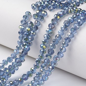 Electroplate Transparent Glass Beads Strands, Half Green Plated, Faceted, Rondelle, Light Sky Blue, 8x6mm, Hole: 1mm, about 72pcs/strand, 16.14 inch(41cm)