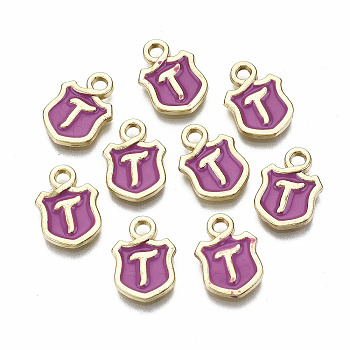 Alloy Enamel Charms, Cadmium Free & Lead Free, Shield with Initial Letters, Light Gold, Letter.T, 14x10x2mm, Hole: 2mm