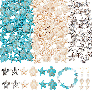 DIY Ocean Theme Beades Jewelry Making Finding Kit, Including Synthetic Turquoise & Alloy Beads, Starfish & Turtle, Mixed Color, 13.5~18x13.5~15x3.5~8mm, Hole: 1~1.5mm, 148~154Pcs/box