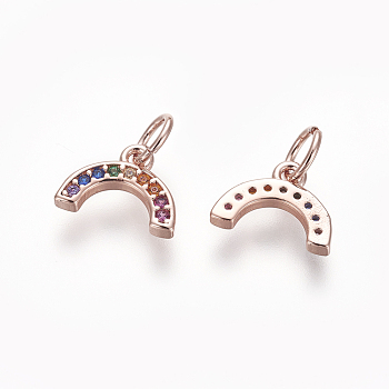 Brass Cubic Zirconia Charms, Long-Lasting Plated, Curved, Colorful, Real Rose Gold Plated, 7.3x10x1.6mm, Hole: 3.5mm