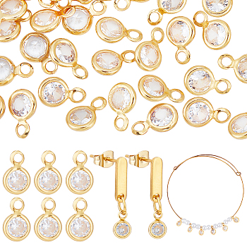 Elite 50Pcs Clear Cubic Zirconia Charms, with Brass Edge & Loop, Flat Round Charm, Long-Lasting Plated, Real 18K Gold Plated, 7.5x4.5x2mm, Hole: 1.4mm