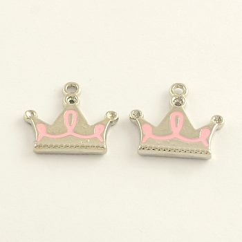 Platinum Plated Alloy Enamel Pendants, Cadmium Free & Nickel Free & Lead Free, Crown, Pink, 17x18x2.5mm, Hole: 1.5mm, about 50pcs/bag