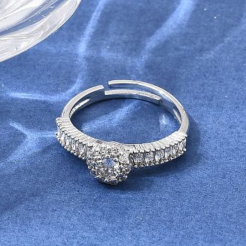 Brass Micro Pave Clear Cubic Zirconia Cuff Open Rings, Round, Platinum, 7mm, Inner Diameter: 17mm