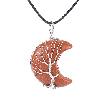 Synthetic Goldstone Crescent Moon Pendant Necklaces, with Copper Wire, 18.90 inch(48cm)