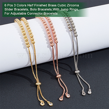 nbeads 6pcs 3 couleurs bracelets coulissants en laiton et zircone cubique à moitié finis(ZIRC-NB0002-02)-4