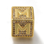 Brass Cubic Zirconia Beads, Letter M, Square, Letter M, 9.5x9.5x9.5mm, Hole: 6mm(KK-Q818-01M-G)