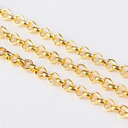 Iron Rolo Chains, Belcher Chain, Unwelded, Lead Free, Golden Color, with Spool, Size: Chain: about 2.5mm in diameter, 1mm thick, about 328.08 Feet(100m)/roll(CH-S067-G-LF)