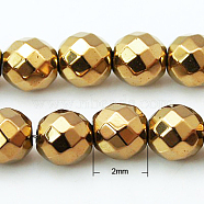 Non-magnetic Synthetic Hematite Beads Strands, Faceted, Round, Golden Plated, Gold, 2mm, Hole: 1mm, about 203pcs/strand, 15.7 inch(X-G-G092-2mm-1)