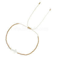 Glass Seed Beaded Bracelets, Religion Shell Cross Adjustable Bracelet for Women, White, 11 inch(28cm)(FY8805)