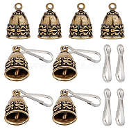 8Pcs Tibetan Style Brass Pendants, Retro Bell Charm, with 8Pcs Iron Keychain Clasp Findings, Antique Bronze & Platinum, Bell: 27.5x19.5mm, Hole: 3.3mm(FIND-OC0002-77)