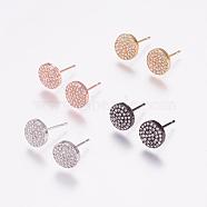 Brass Micro Pave Cubic Zirconia Stud Earrings, with Ear Nuts, Flat Round, Mixed Color, 9x2.5mm, Pin: 0.8mm(EJEW-F125-06)