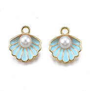 Alloy Pendants, with ABS Plastic Imitation Pearl & Enamel, Shell with Pearl, Light Gold, Sky Blue, 16x15x7mm, Hole: 1.5mm(X-ENAM-S119-034A-01LG)