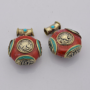 Handmade Tibetan Style Flat Round  Pendants, Brass Findings and Synthetic Coral, Antique Silver, 37x28x18mm, Hole: 5mm(TIBEB-L001-05)