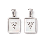 304 Stainless Steel Pave Shell Pendants, Rectangle Charm, Stainless Steel Color, Letter V, 17.5x12x1.5mm, Hole: 3x5mm(STAS-G327-01P-V)