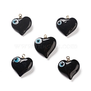 Handmade Evil Eye Lampwork Pendants, with Light Gold Tone Brass Findings, Long-Lasting Plated, Lead Free & Cadmium Free, Heart Charm, Black, 19x17.5~18.5x8.5~9mm, Hole: 1.4mm(LAMP-M015-03A)