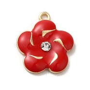 Flower Alloy Enamel Pendants, with Rhinestone, Light Gold, Red, 18x15.5x3mm, Hole: 1.5mm(ENAM-A007-03KCG-04)