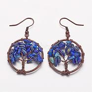 Dangle Earrings, with Natural Lapis Lazuli Beads and Brass Hooks, Ring with Tree of Life, 50mm, Pin: 0.6mm(EJEW-N0030-01)