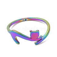 Ion Plating(IP) 304 Stainless Steel Cat Adjustable Ring for Women, Rainbow Color, Inner Diameter: 16.6mm(RJEW-M149-34RC)