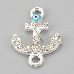 Alloy Rhinestone Links connectors, Cadmium Free & Lead Free, Anchor with Evil Eye, Sky Blue, Silver Color Plated, 21x14.5x2mm, Hole: 1mm(X-ALRI-S170-09S)